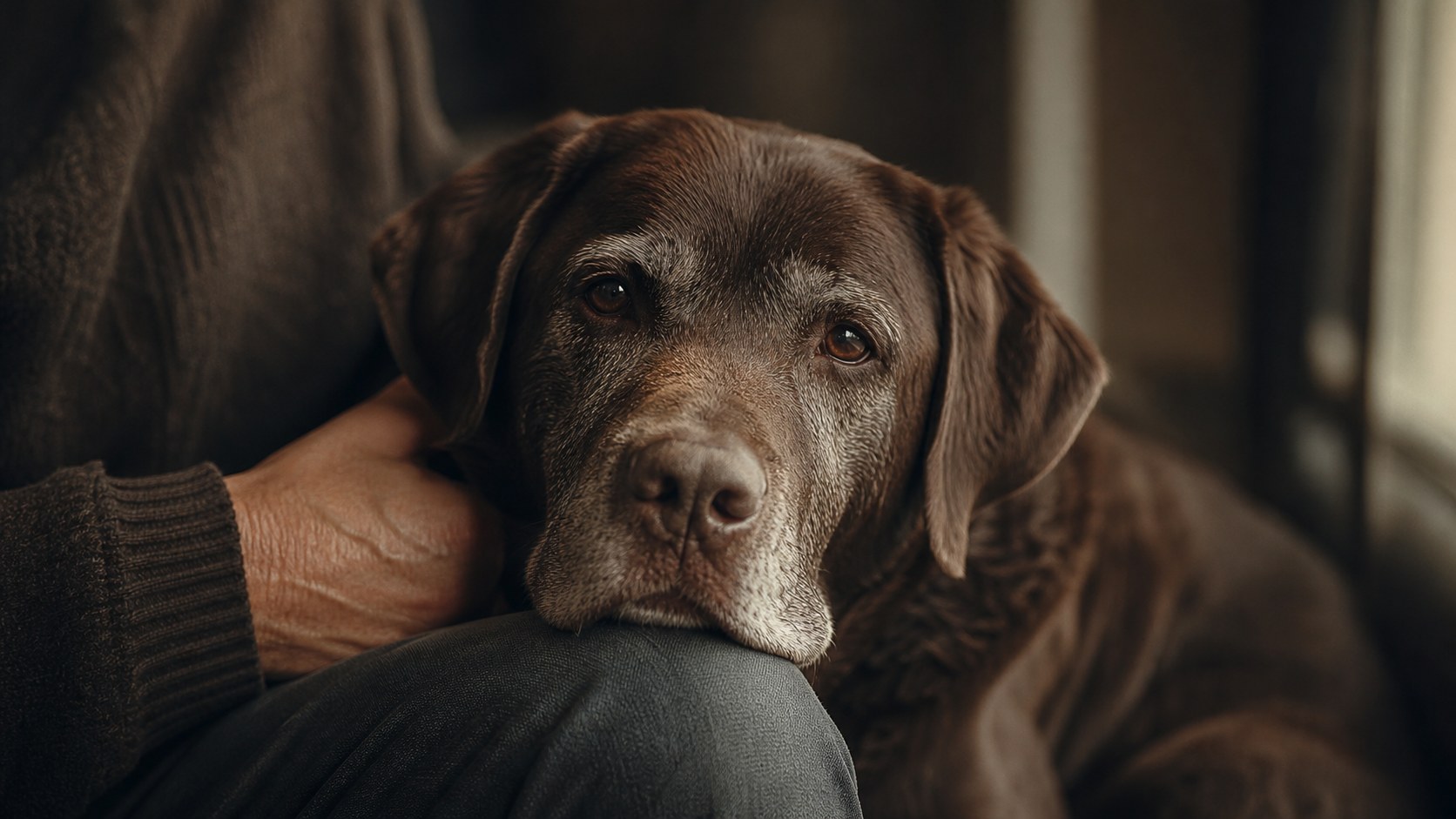 Elderly gray-muzzled Labrador resting on a person's knee