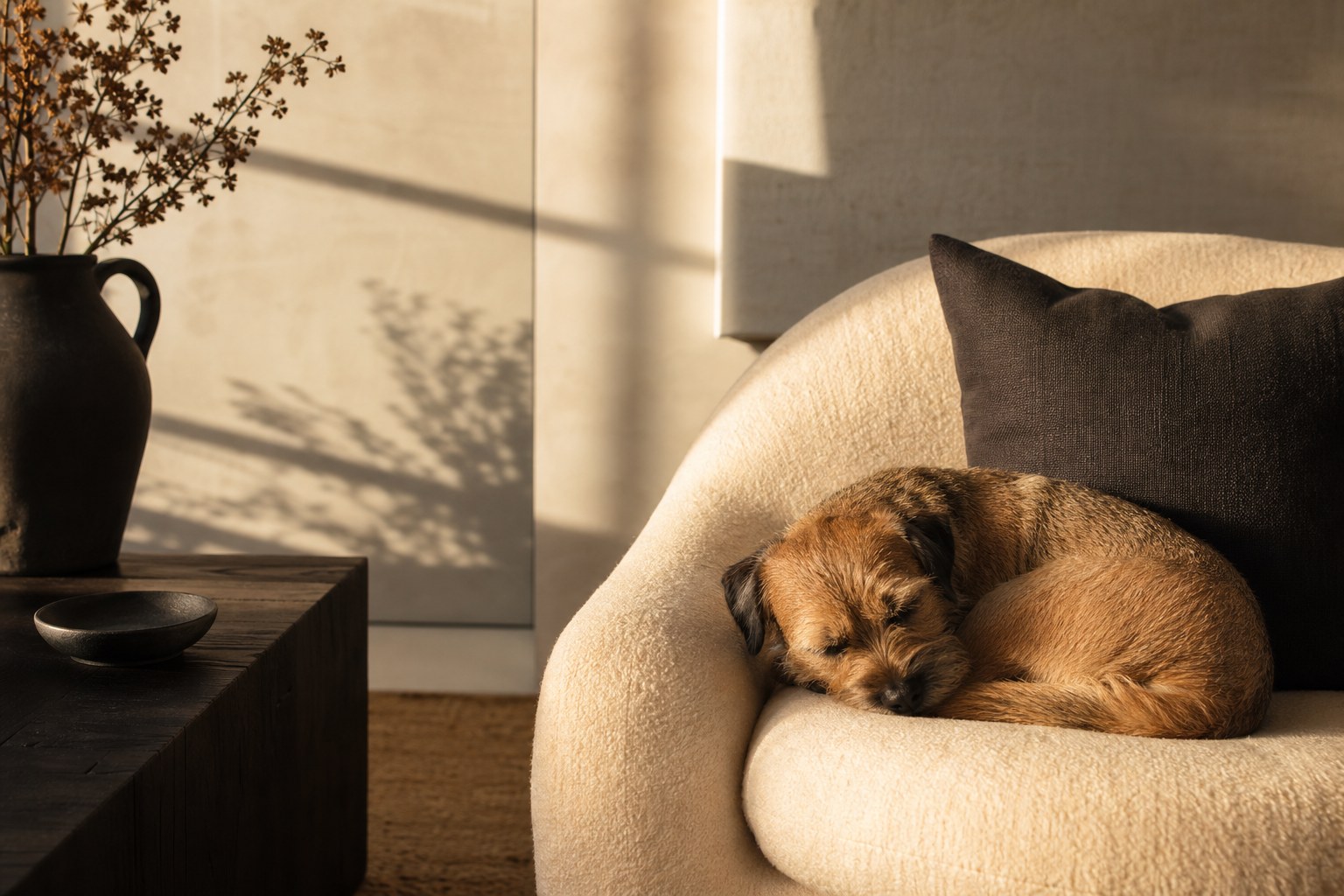 Small terrier sleeping on a linen chair in warm afternoon light