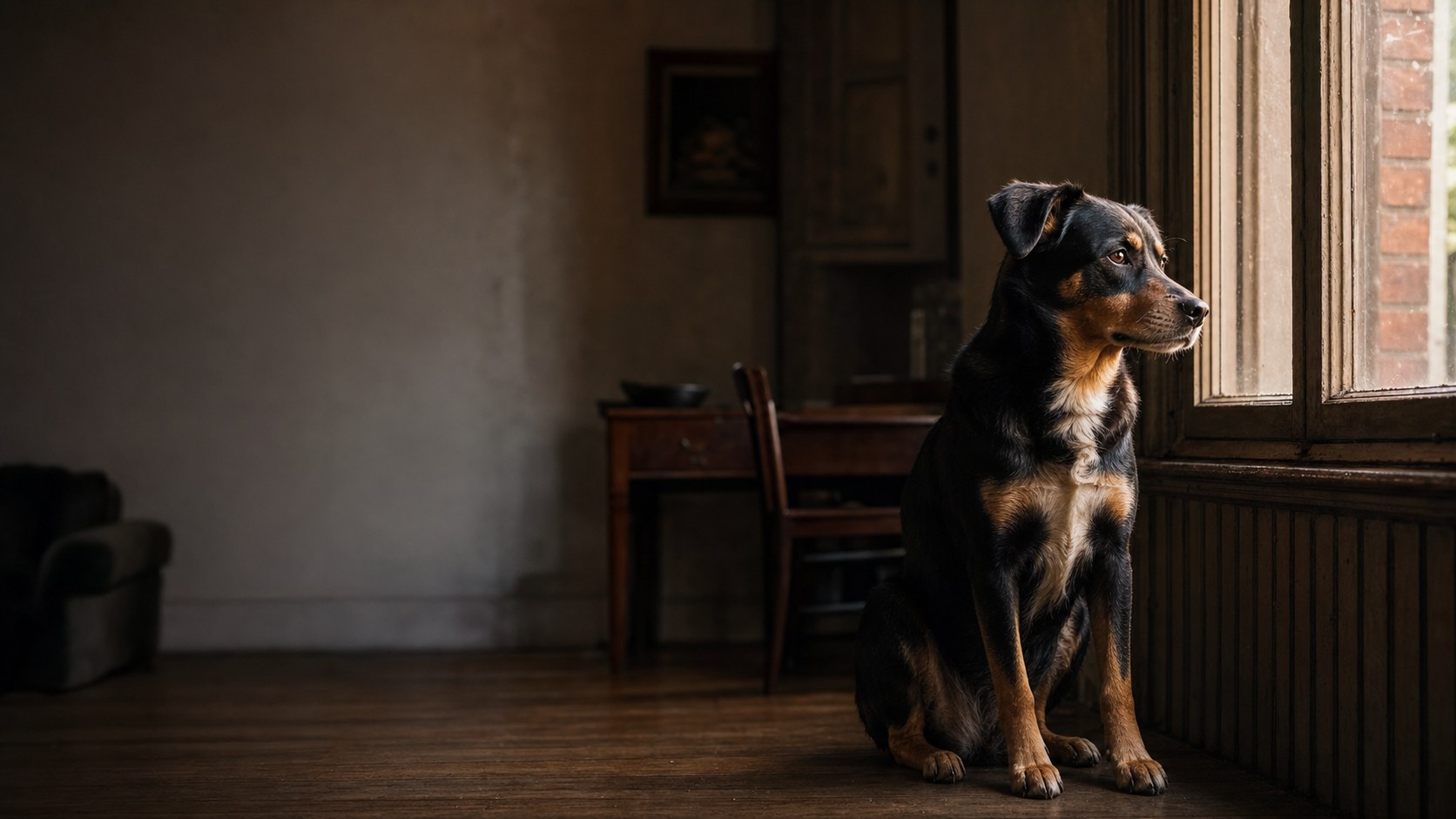 A black and tan dog waiting beside a sunlit window