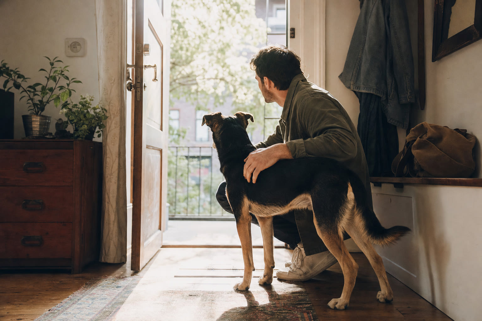 A dog and their person pausing together at an open sunlit doorway