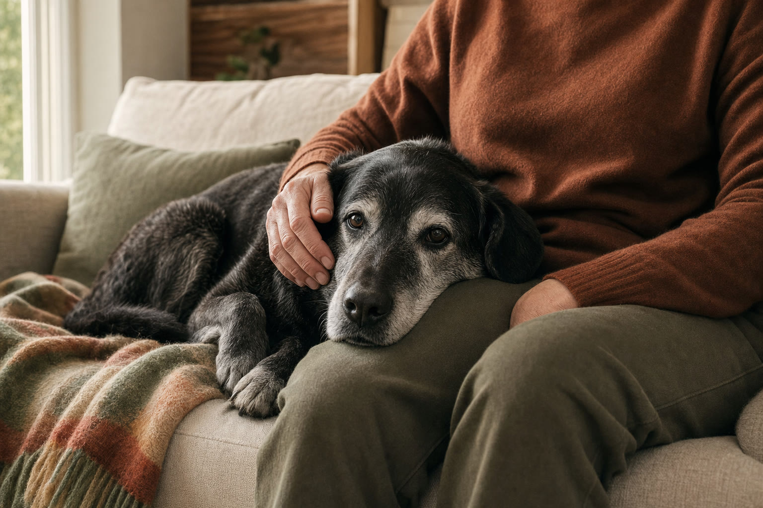 An older dog resting across their person's lap on a sofa