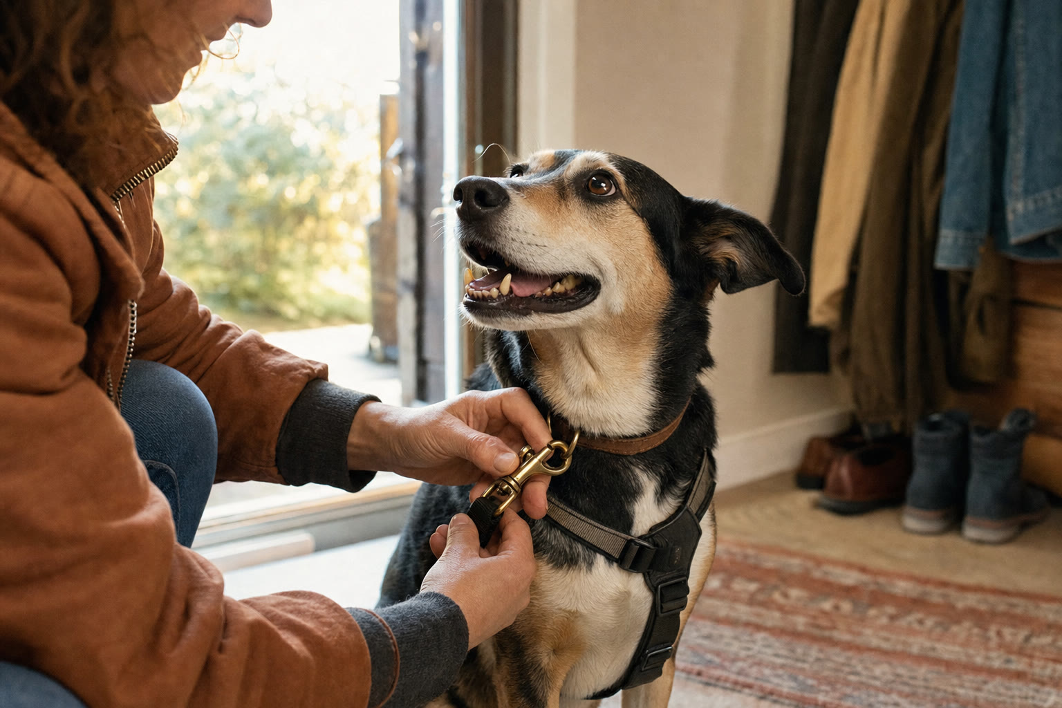 A person clipping a leash onto an eager dog by the front door
