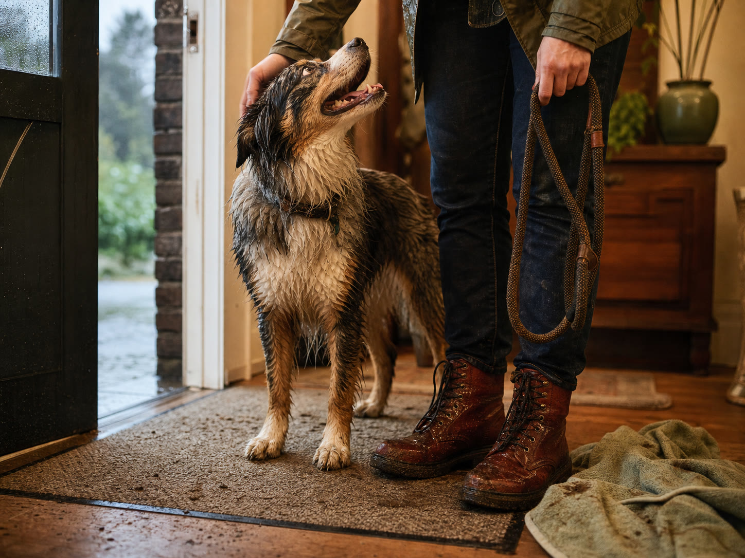 A wet muddy dog standing affectionately beside their owner after a rainy walk