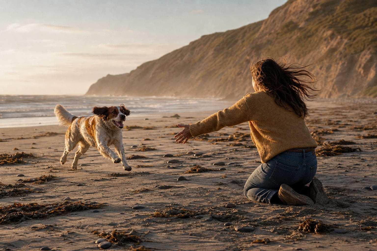 A joyful dog running toward their kneeling person on a beach